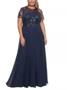 NWT Xscape Navy Sequined Lace Bodice Chiffon Evening Gown
